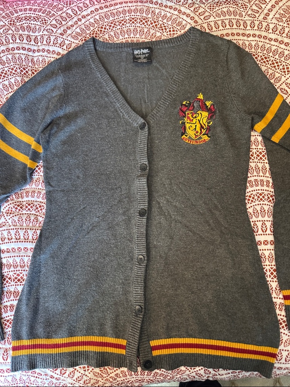 Harry Potter Gray Gryffindor Crest Button-Front Cardigan with Gold Stripes